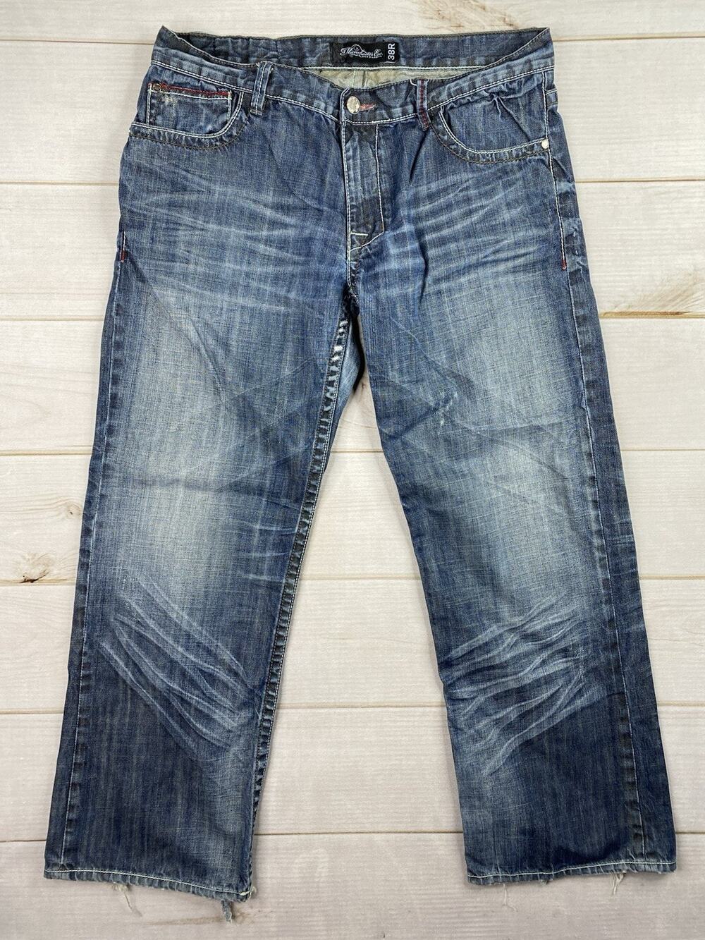 Manchester Jeans Mens 38R Dark Wash Denim 100% Cotton Distressed Embroidered